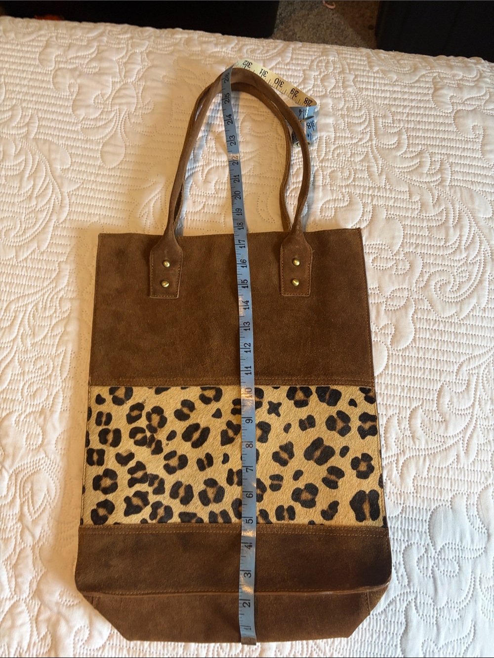 Tan Suede Tote with Leopard Accent